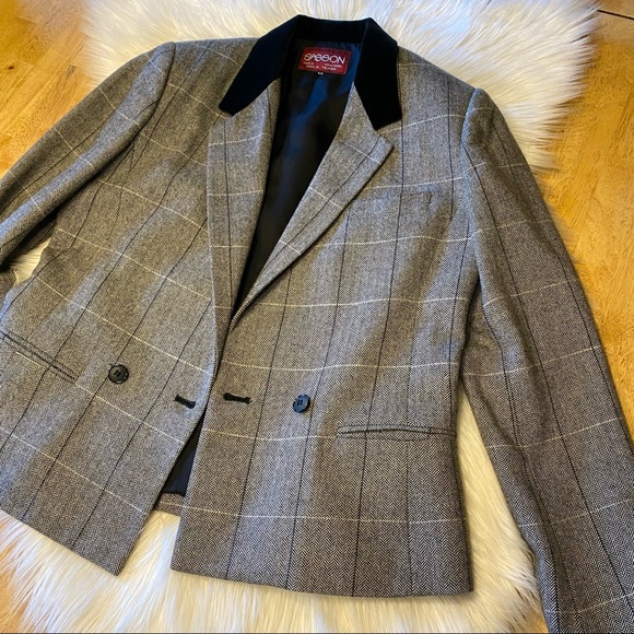 Vintage 90s Sasson Herringbone Wool Short Blazer Black Velvet Collar S - Picture 9 of 9